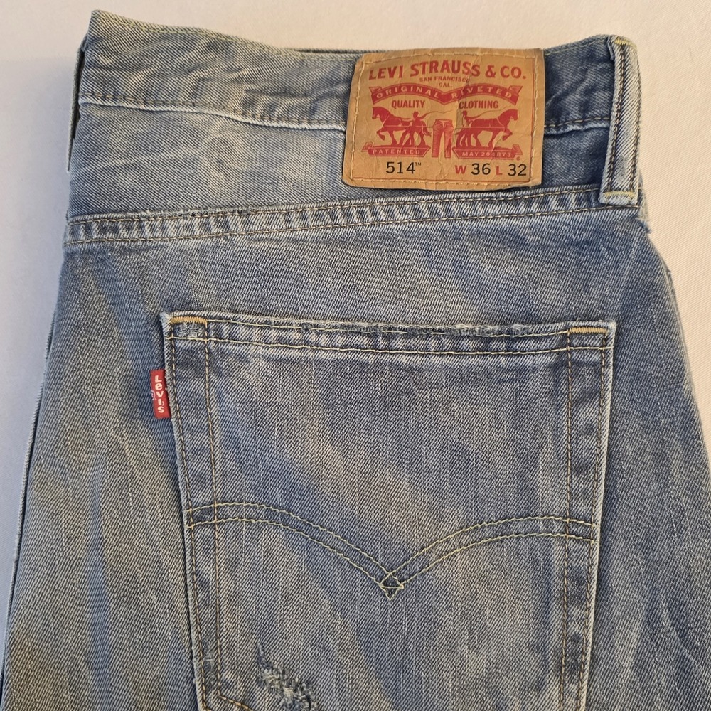 Levi's 514 Men Straight Fit Distressed Blue Denim Ripped Jeans Size 36X32
